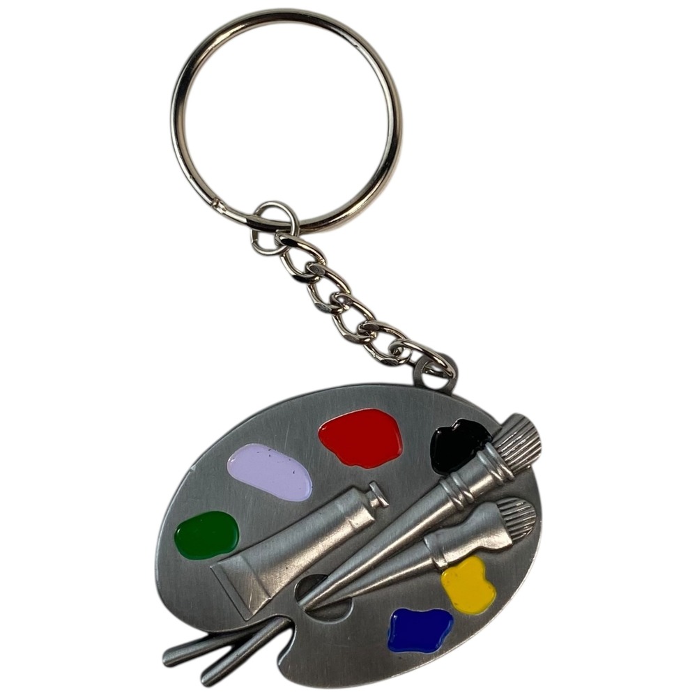 Artist Palette Keychain Silver Tone Paint Brush Tube Color‎ Keychain E14Q
